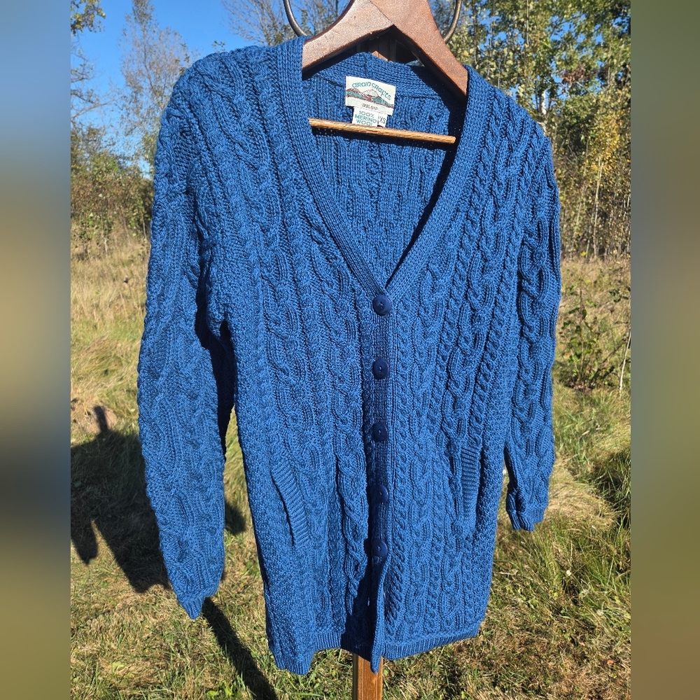 Blue Aran Cardigan Irish 100% Merino Wool Sweater